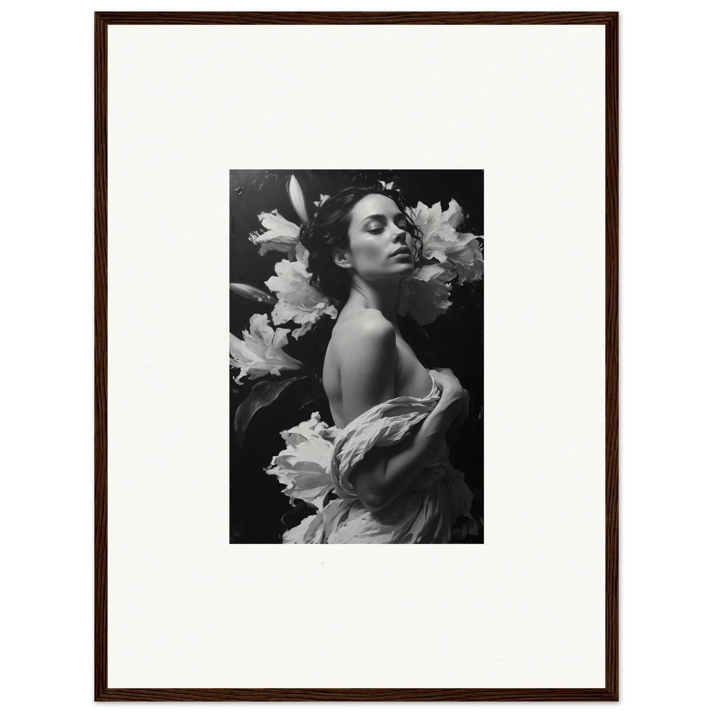 Black and white photo of a woman with flowers, perfect for your Petal Essence Paragon room decoration