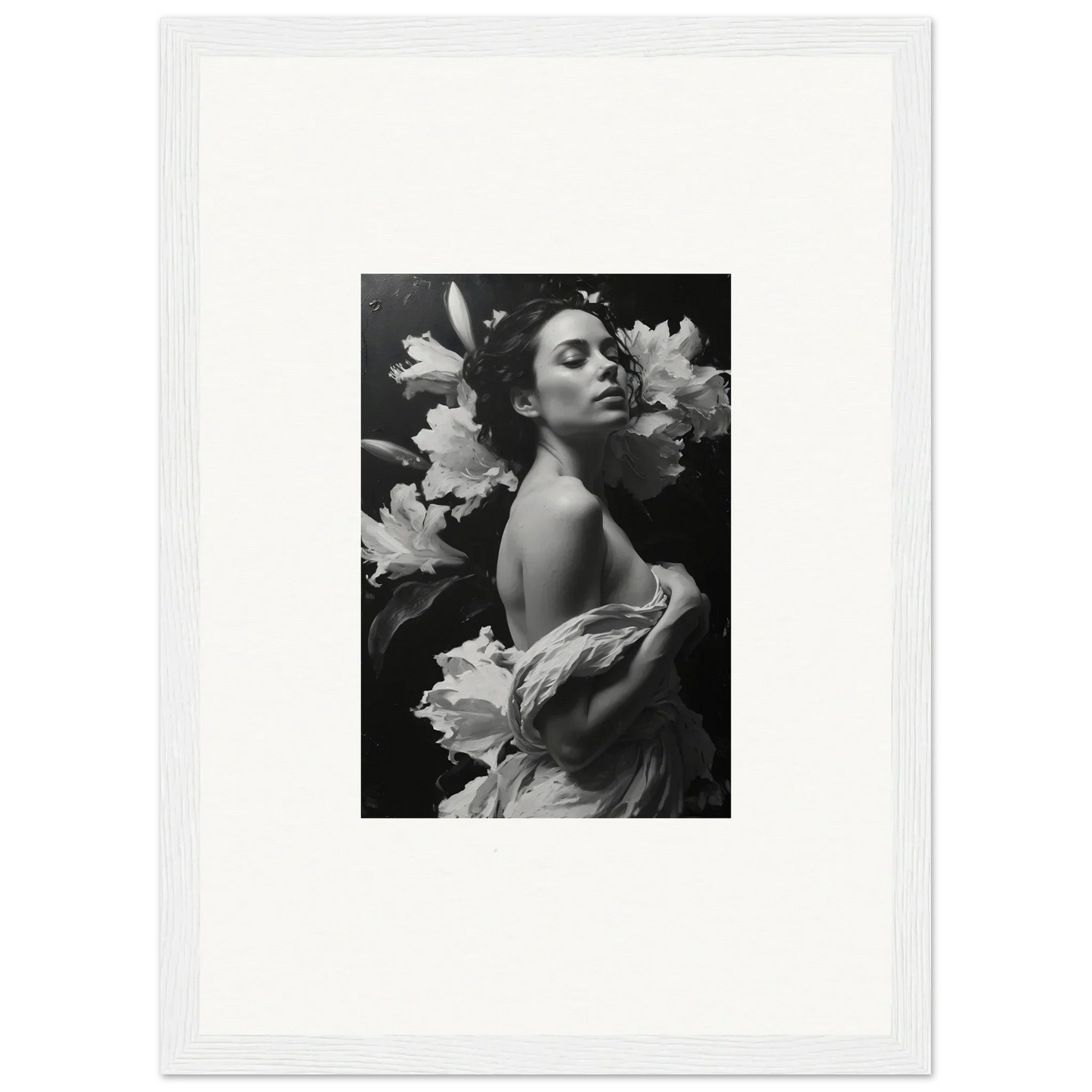 Black and white photo of a woman with flowers, perfect for Canvas Print Room Decoration