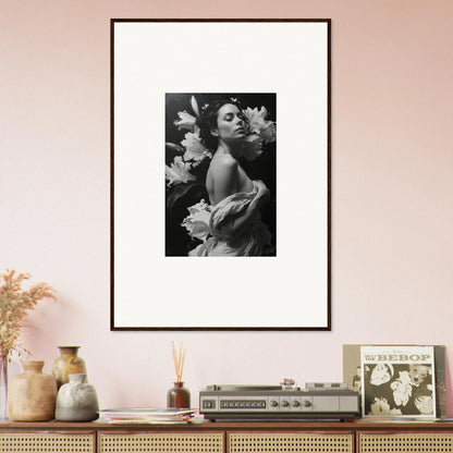 Framed black and white canvas print of a woman with flowers for stylish room decoration