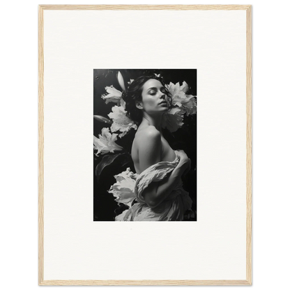 Black and white photo of a woman with flowers, perfect for Room Decoration and Essence Paragon