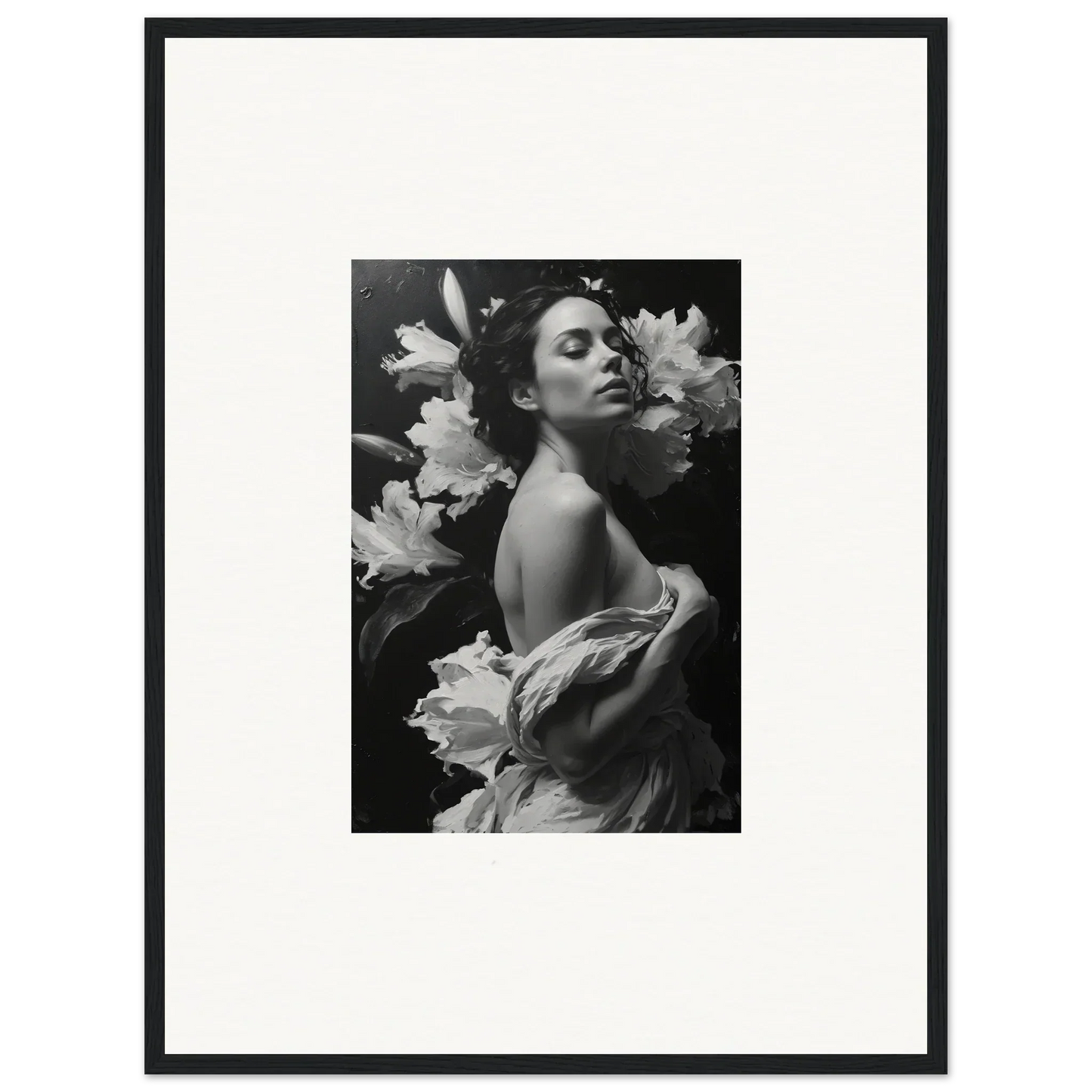 Black and white photo of a woman with flowers, perfect for room decoration in Essence Paragon