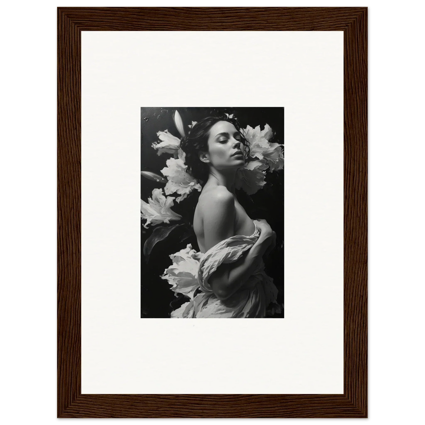 Black and white photo of a woman with flowers, a perfect essence paragon for room decoration