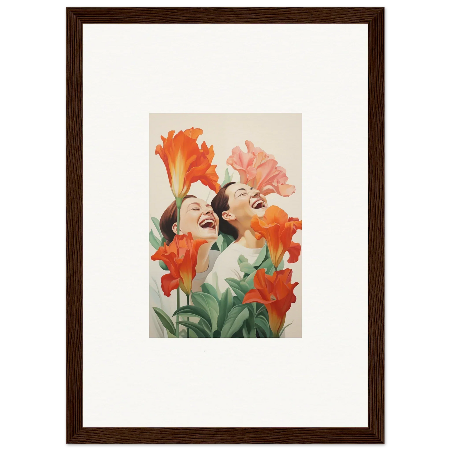 Framed canvas print of two women’s faces surrounded by colorful flowers for room decoration