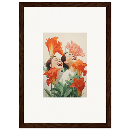 Framed canvas print of two women’s faces surrounded by colorful flowers for room decoration