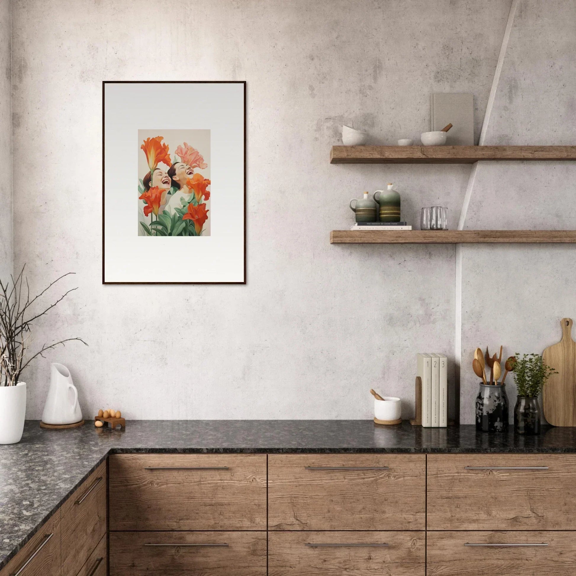 Modern kitchen with wooden cabinetry and Petal Laugh Brims canvas print for room decoration