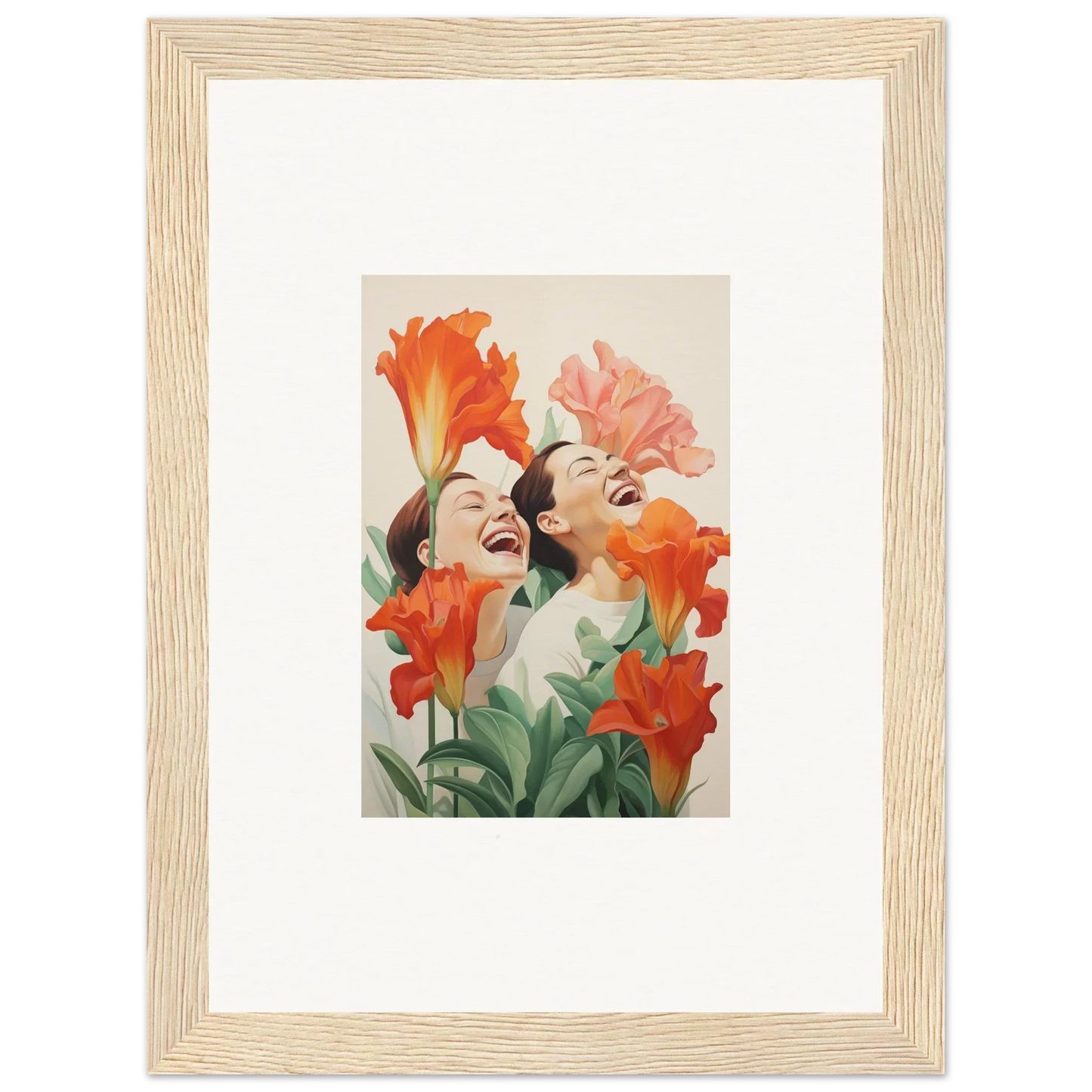 Framed canvas print of joyful faces with colorful flowers for fun room decoration