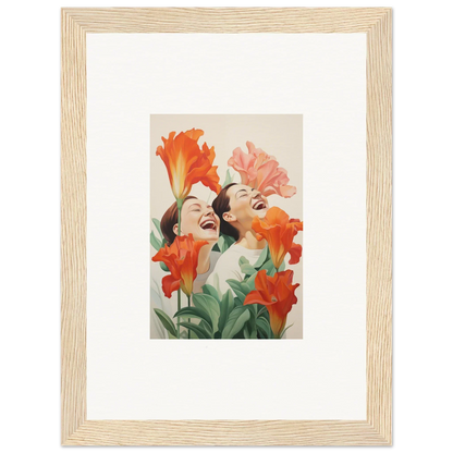 Framed canvas print of joyful faces with colorful flowers for fun room decoration