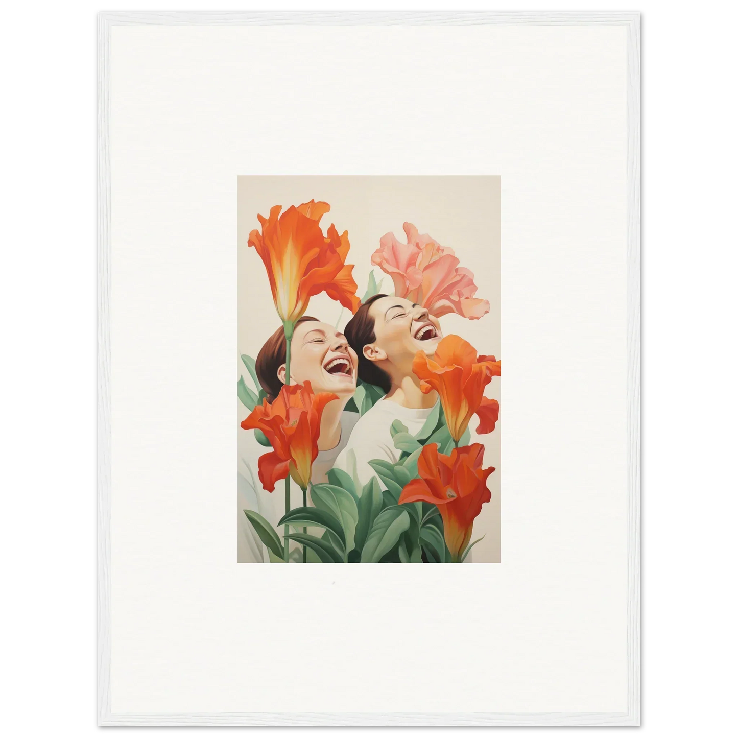 Framed canvas print of joyful figures amidst bright flowers for fun room decoration