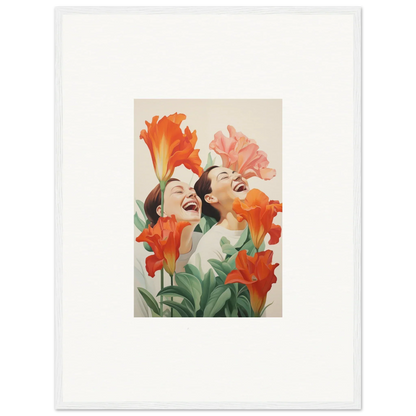 Framed canvas print of joyful figures amidst bright flowers for fun room decoration