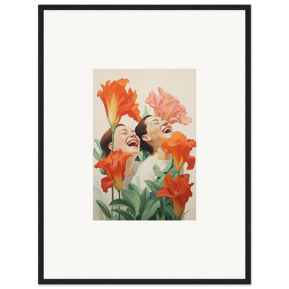 Framed canvas print of two laughing women in vibrant flowers, perfect laugh brims room decoration