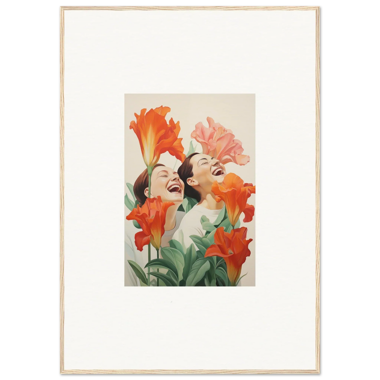 Framed canvas print of joyful figures and vibrant flowers for fun room decoration