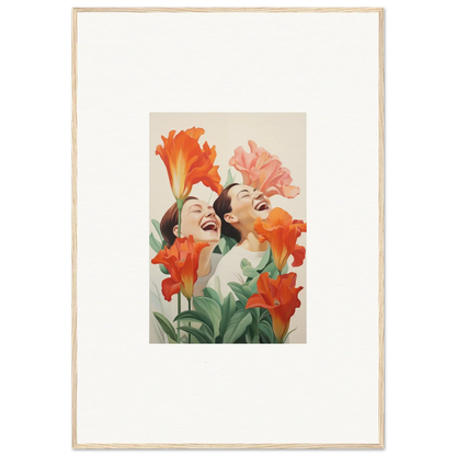 Framed canvas print of joyful figures and vibrant flowers for fun room decoration