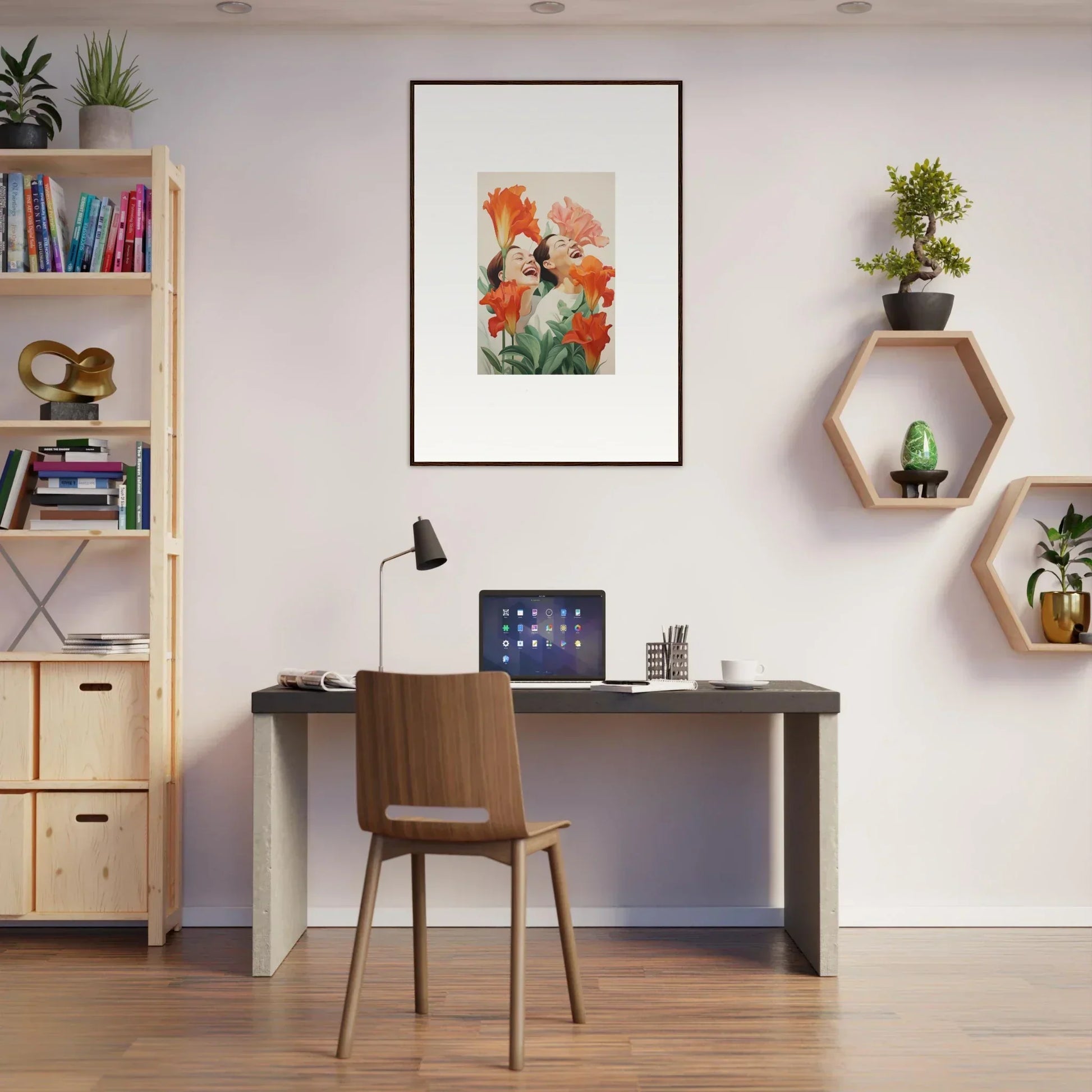 Cozy home office with Laugh Brims decor, desk, chair, and stylish wall art