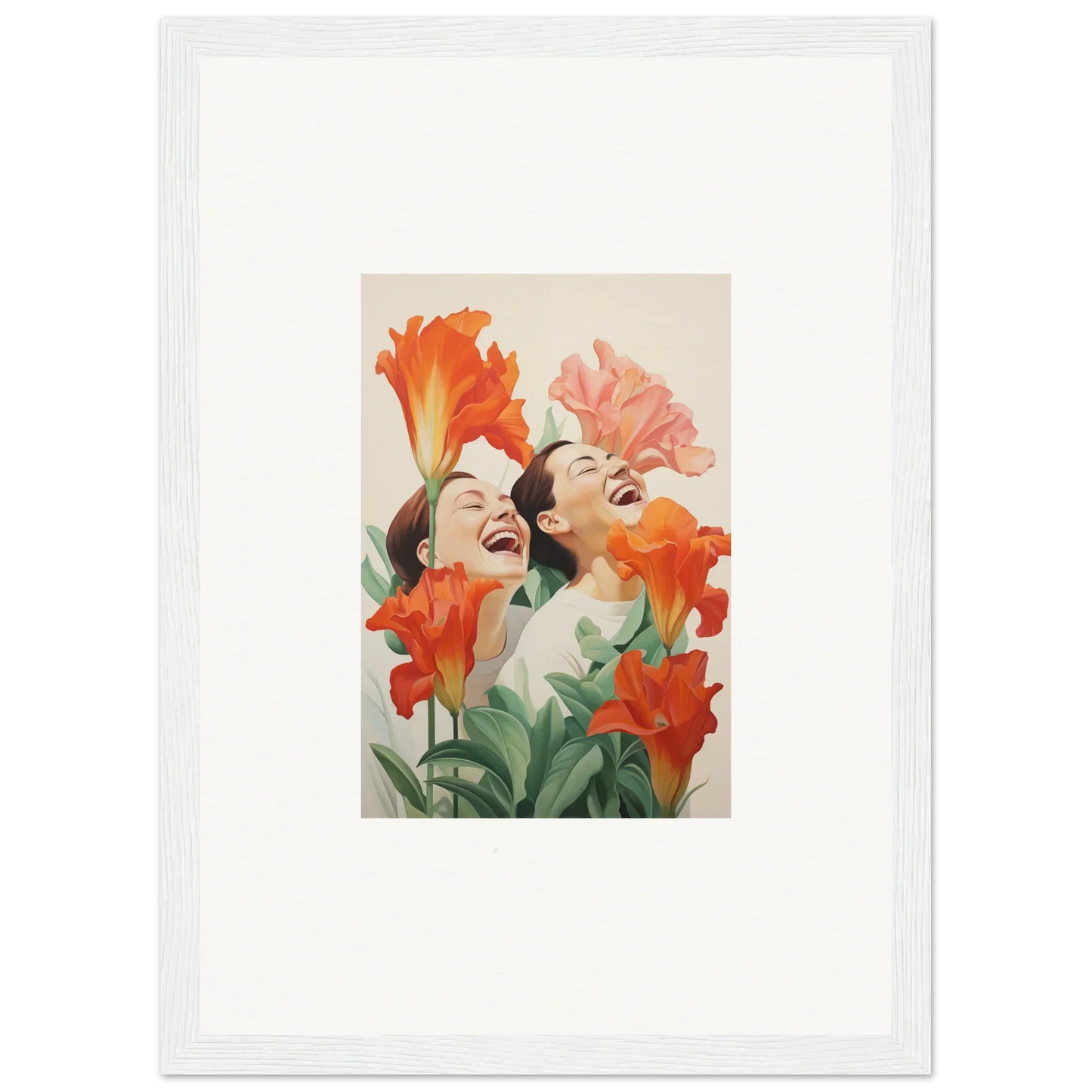 Framed canvas print of two women’s faces with pink and orange flowers for room decoration