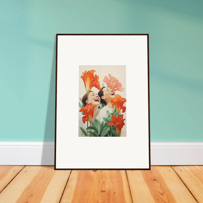 Framed canvas print of a person with colorful flowers for fun room decoration