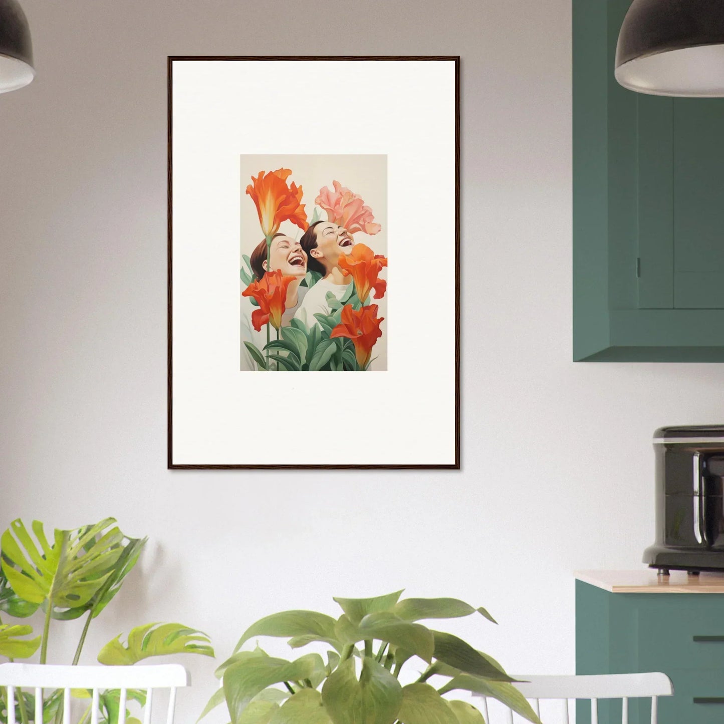 Framed canvas print of a woman amid bright orange and pink flowers for room decoration