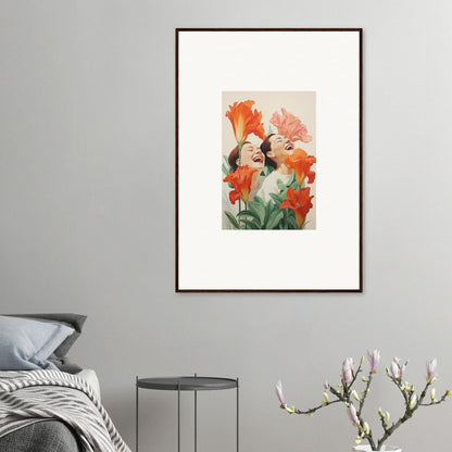 Framed watercolor painting of orange and pink flowers for a cheerful room decoration