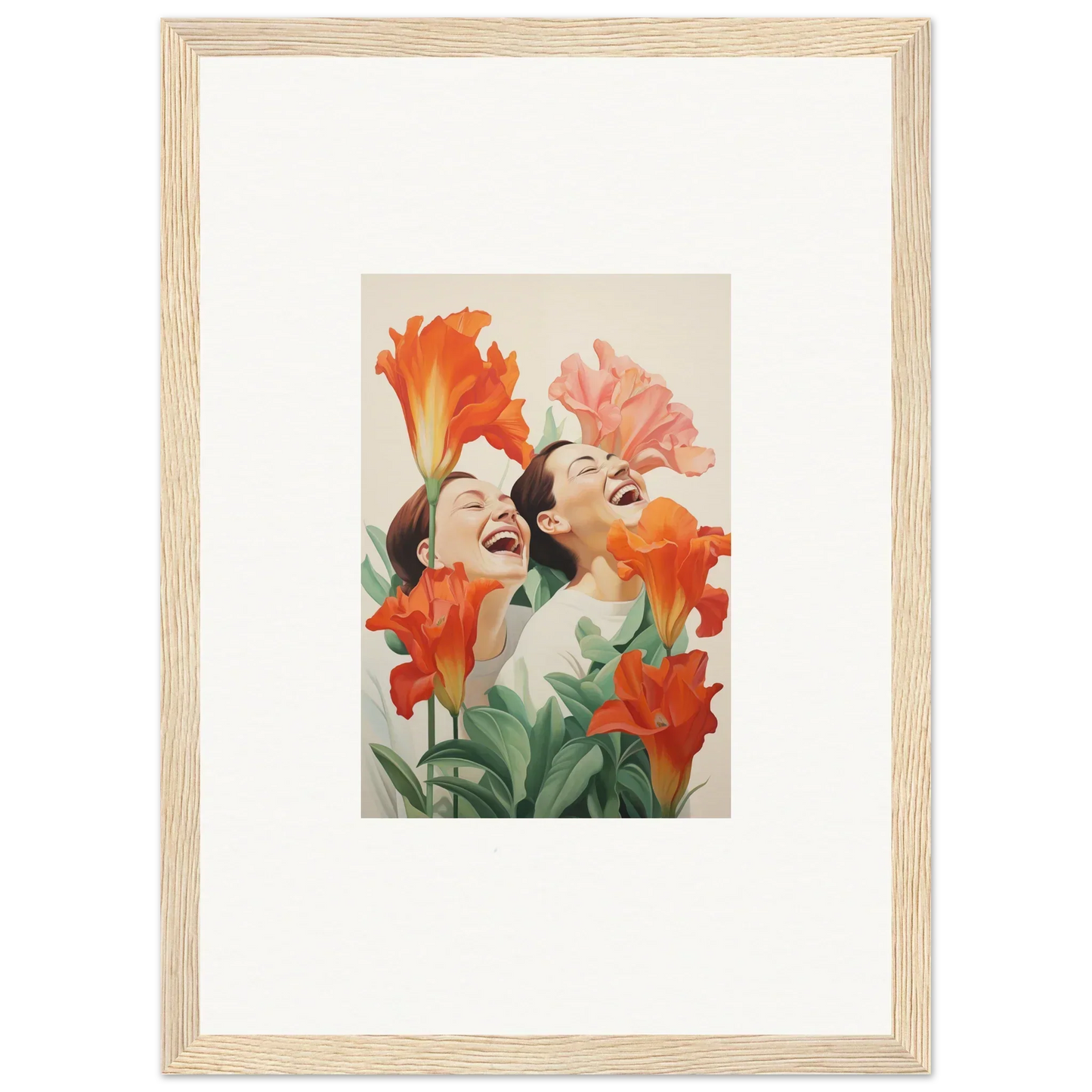 Framed canvas print of joyful figures with orange and pink flowers for room decoration