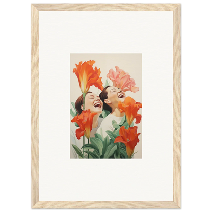 Framed canvas print of joyful figures with orange and pink flowers for room decoration