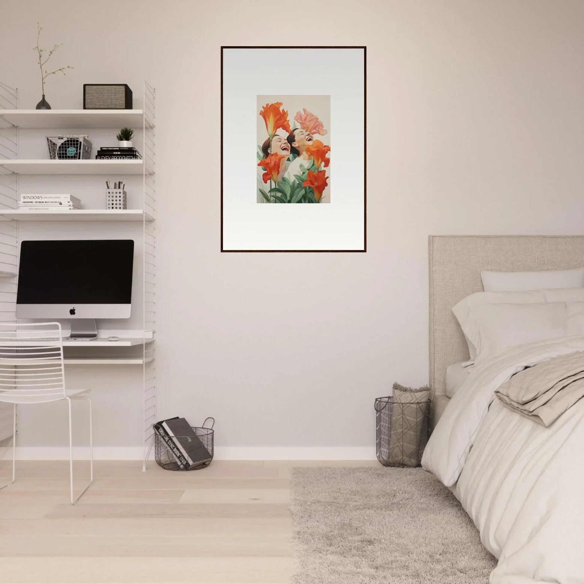 Vibrant orange and pink flowers in a framed canvas print for trendy room decoration