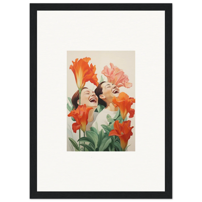 Framed canvas print of women’s faces with vibrant flowers for a playful room decoration