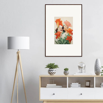 Framed watercolor painting of vibrant orange and pink flowers for room decoration