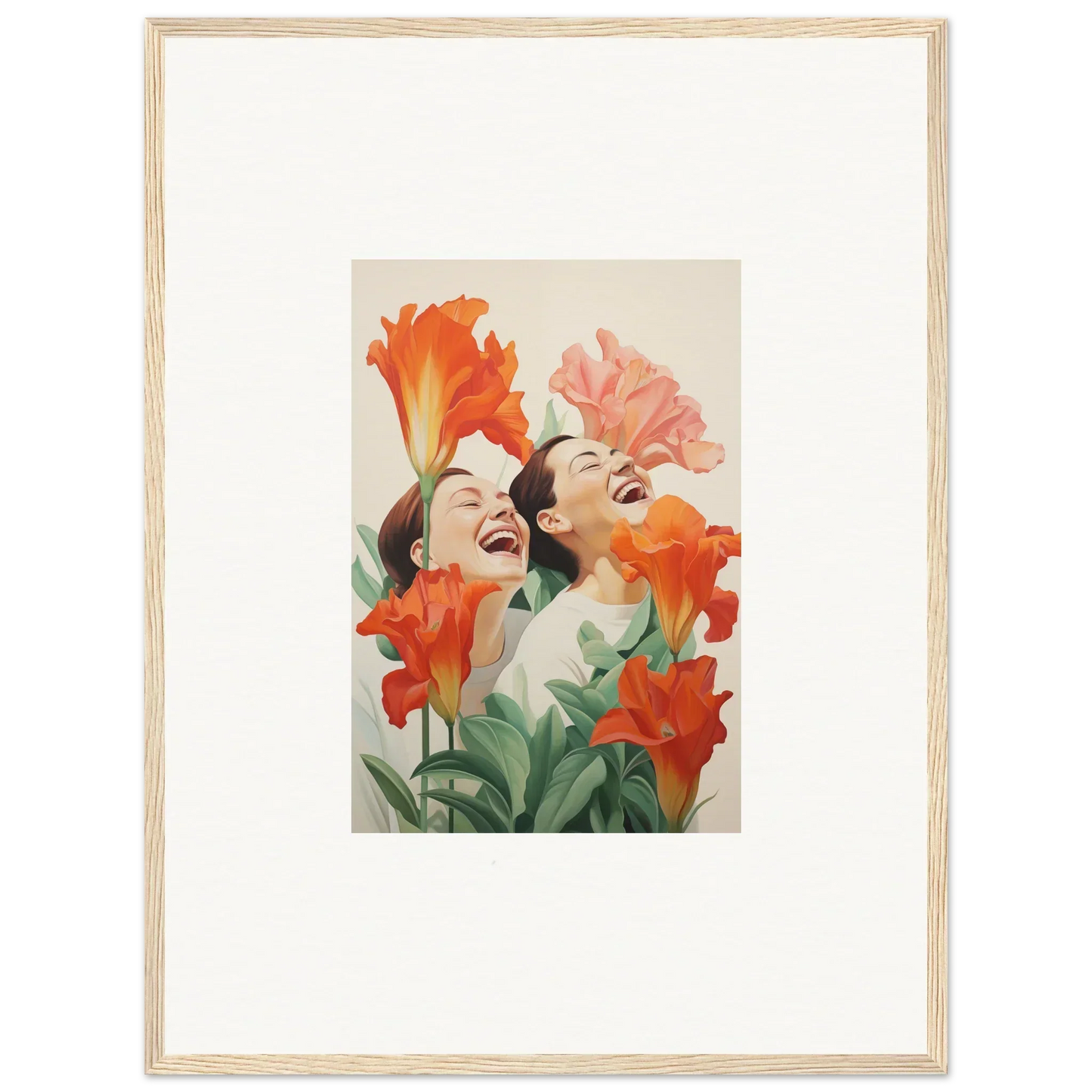 Framed canvas print of two laughing women with orange and pink flowers for room decoration