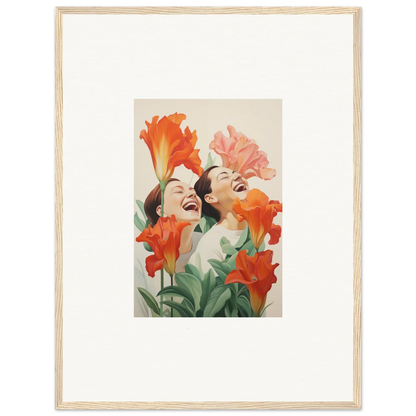 Framed canvas print of two laughing women with orange and pink flowers for room decoration