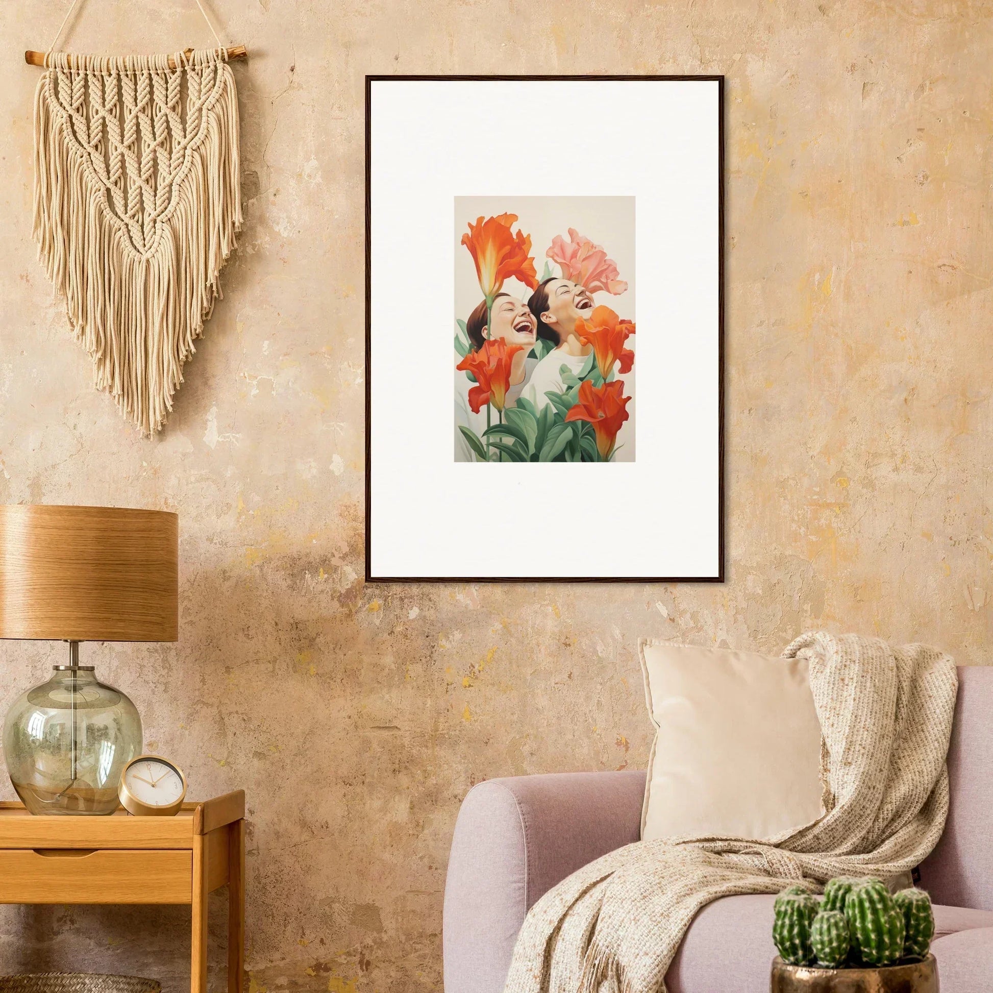 Framed canvas print of two birds in orange and pink flowers for cheerful room decoration