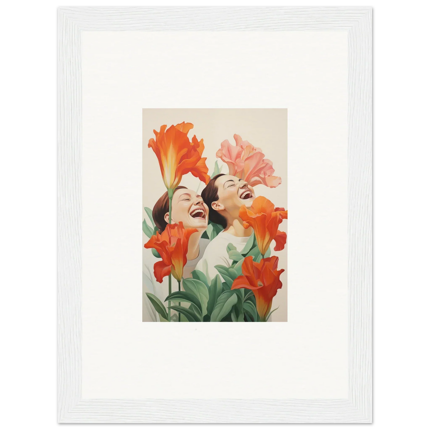 Framed canvas print of two women’s faces with vibrant flowers for cheerful room decoration