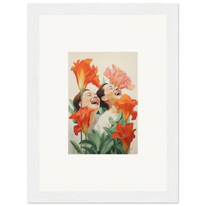 Framed canvas print of two women’s faces with vibrant flowers for cheerful room decoration