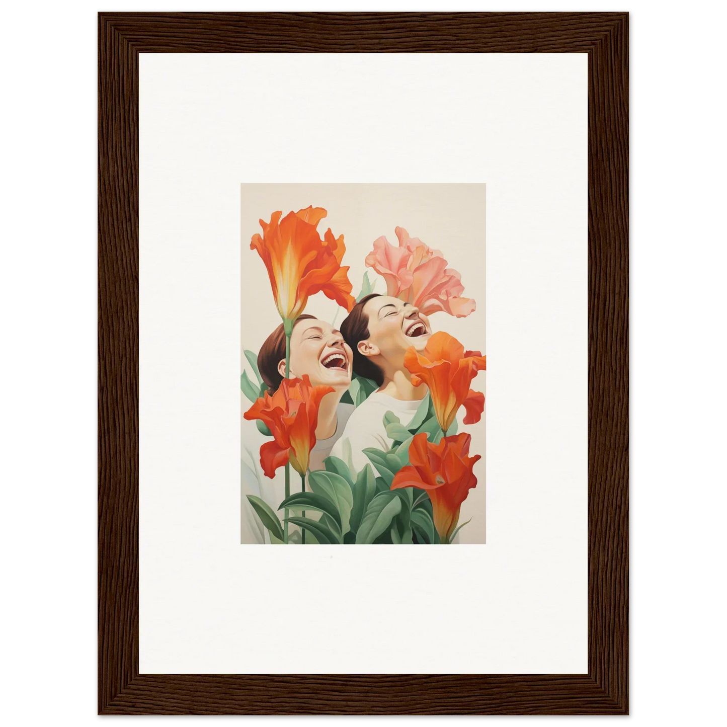 Framed canvas print of two women with colorful flowers for trendy room decoration