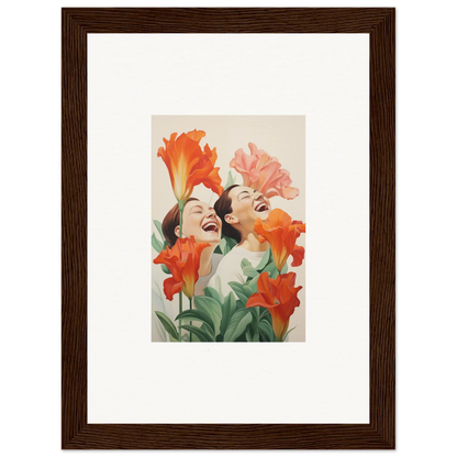 Framed canvas print of two women with colorful flowers for trendy room decoration