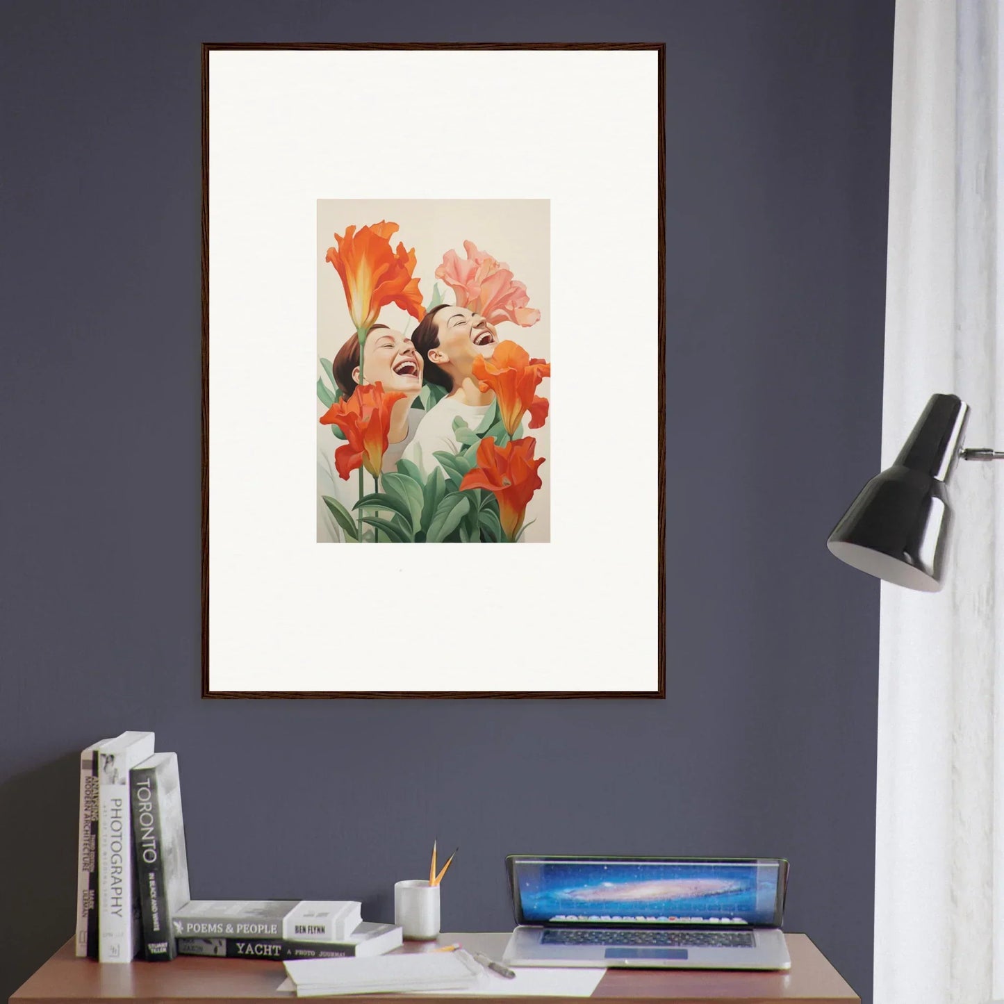 Framed canvas print of a woman’s face with flowers, perfect for laugh brims room decoration