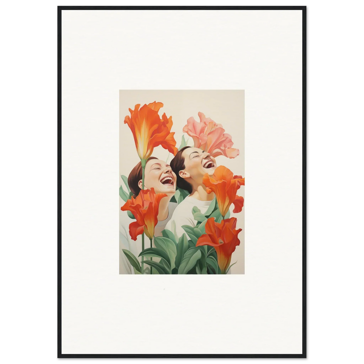 Framed canvas print of joyful figures with bright flowers, perfect for room decoration