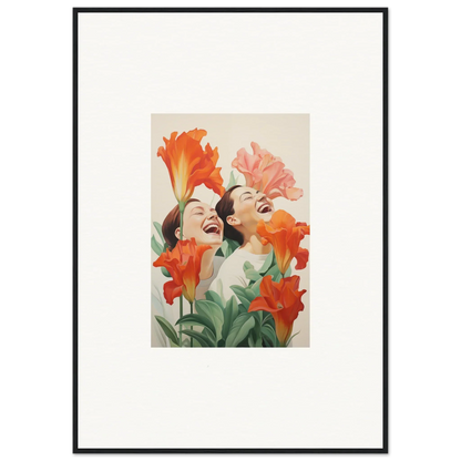 Framed canvas print of joyful figures with bright flowers, perfect for room decoration