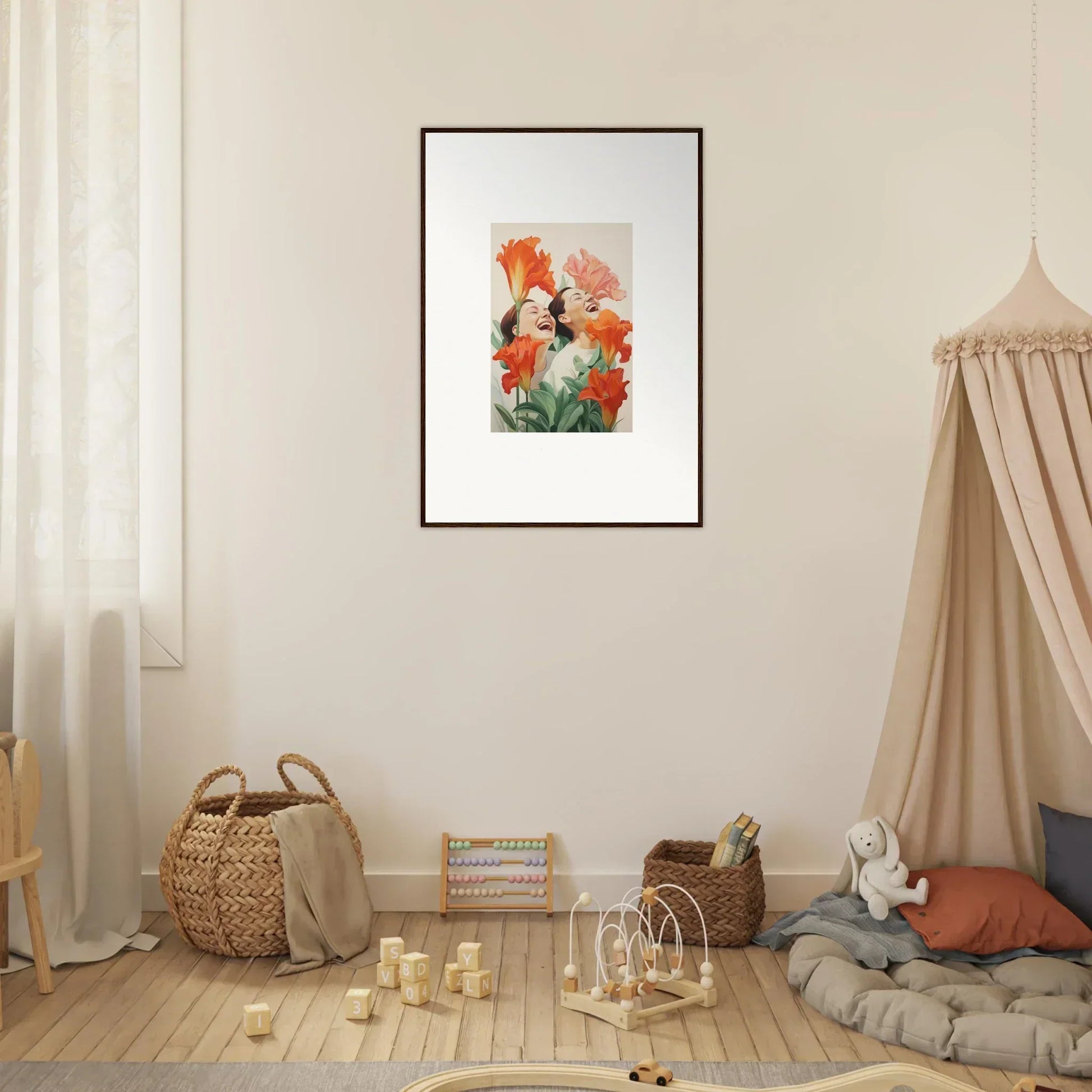 Framed watercolor painting of orange and pink flowers for fun room decoration