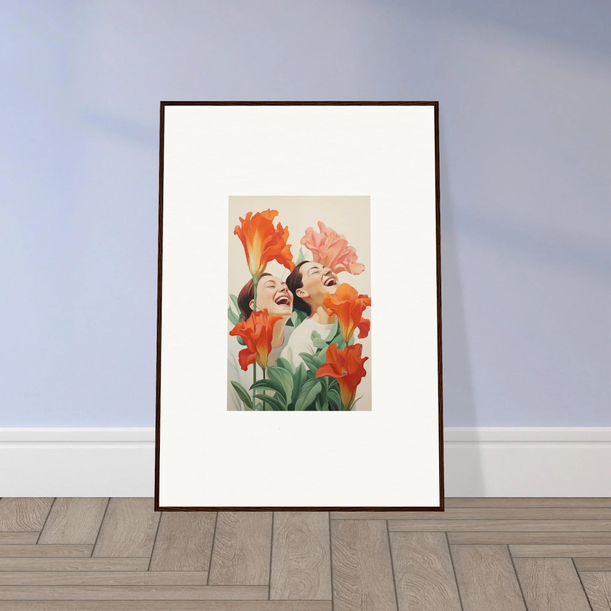 Framed canvas print of a figure surrounded by bright orange and pink flowers for room decoration