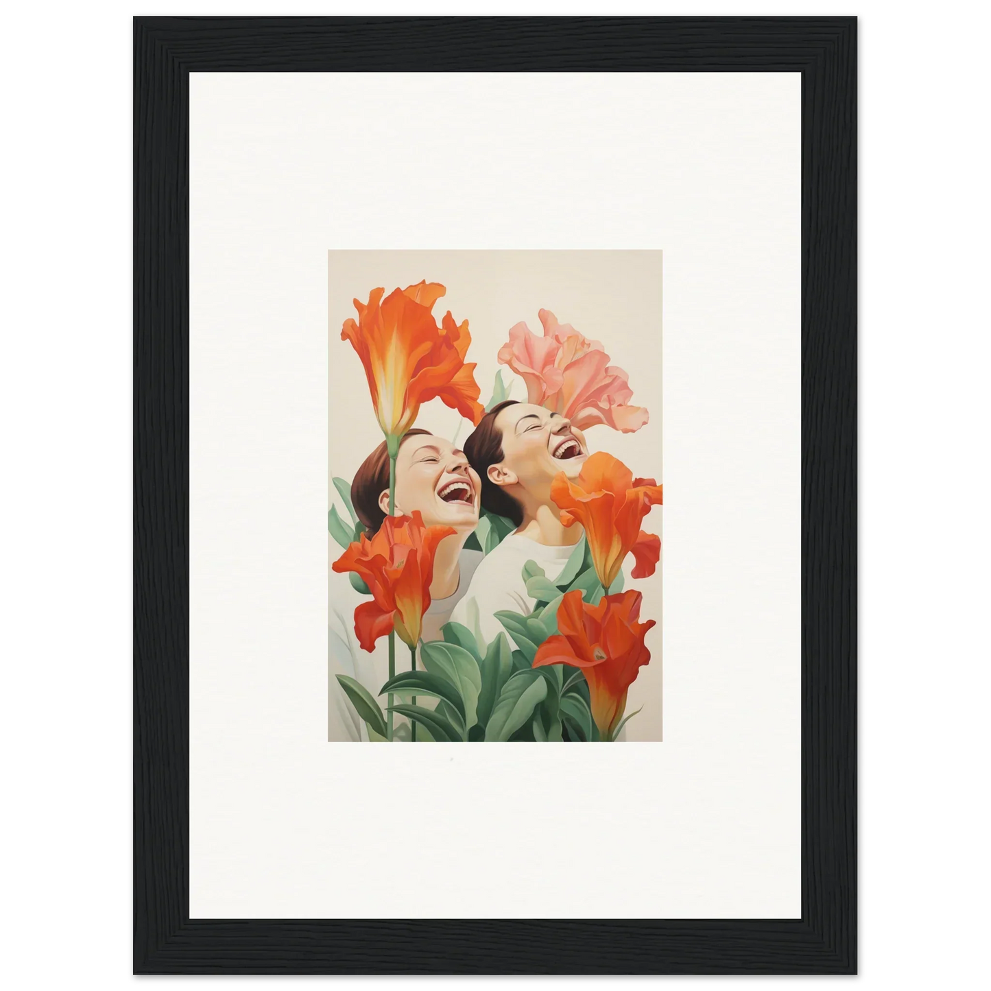 Framed canvas print of joyful figures with orange and pink flowers for room decoration