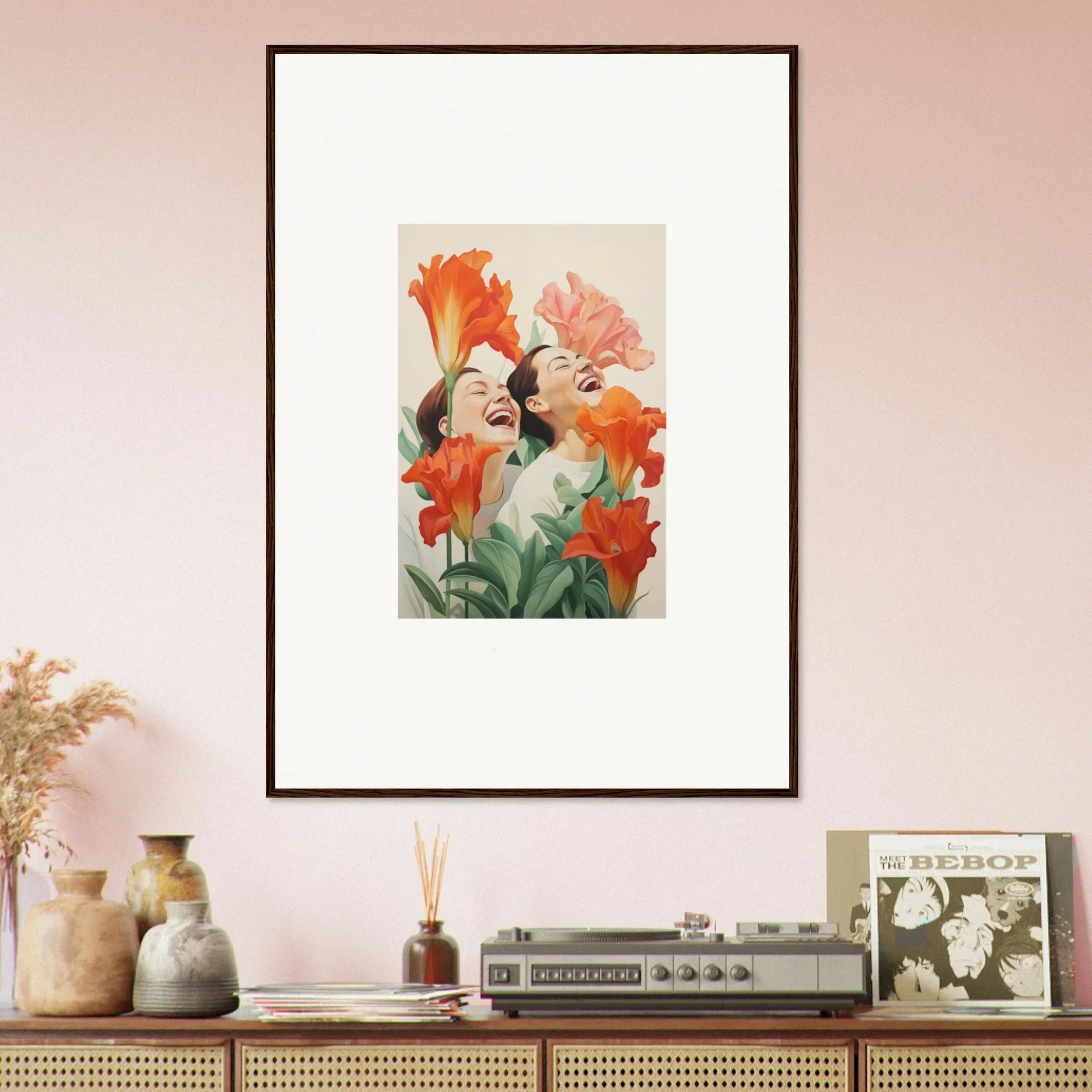 Framed canvas print of two women’s faces with flowers, perfect for room decoration or laugh brims