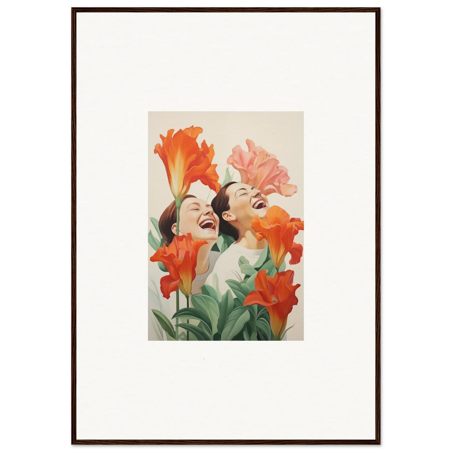 Framed canvas print of two women’s faces with laugh brims and colorful flowers for room decoration