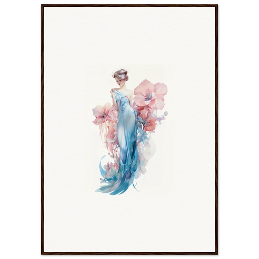 Watercolor wall art of a woman in a blue dress surrounded by pink flowers for room decoration