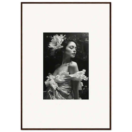 Black and white canvas print of a woman with a flower in her hair for dreamy room decoration