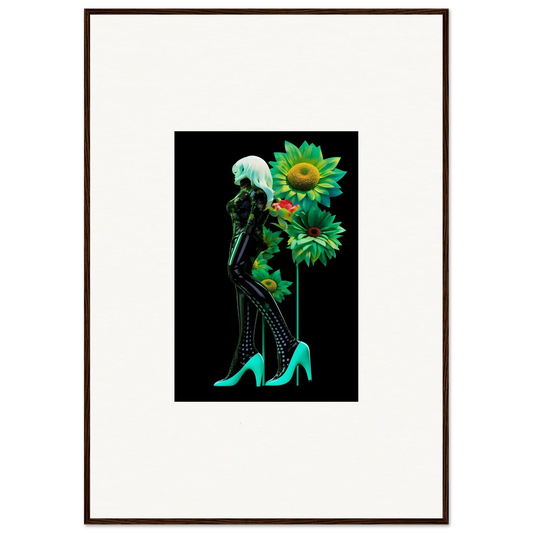 Silhouetted figure in turquoise heels with bright green and yellow sunflowers, Petal Mirage Vintage