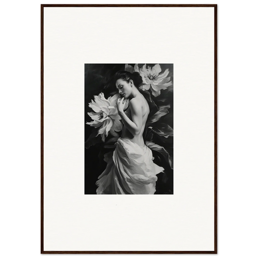 Black and white photo of a woman in a dress among blossoms for Mond Apparition wall art