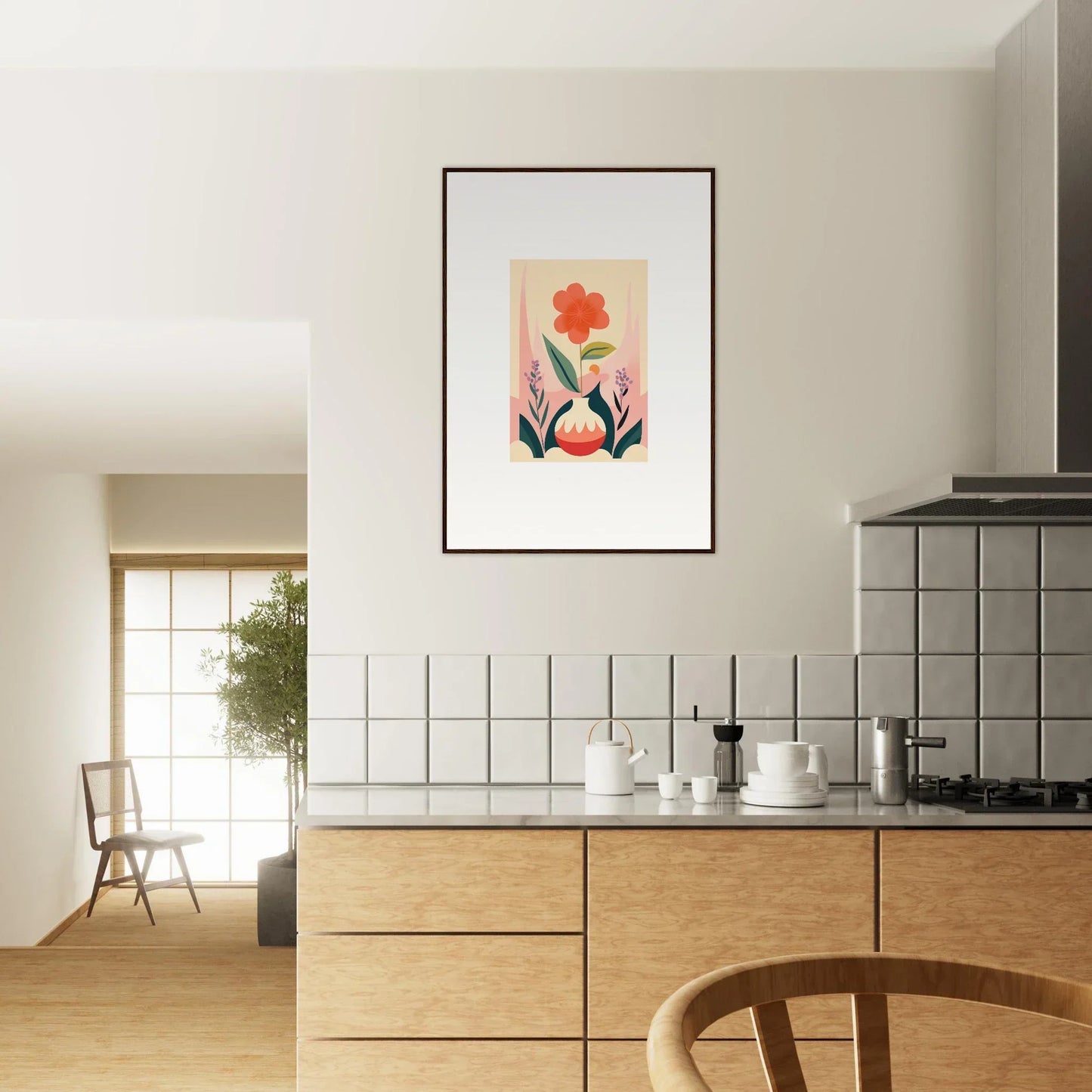 Framed floral artwork with a stylized red flower, perfect for room decoration or canvas print