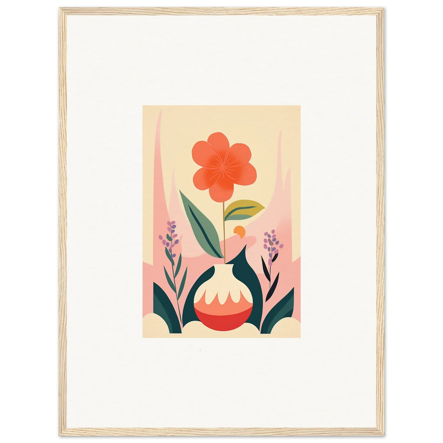 Stylized floral illustration with a red bloom for a chic canvas print in room decoration