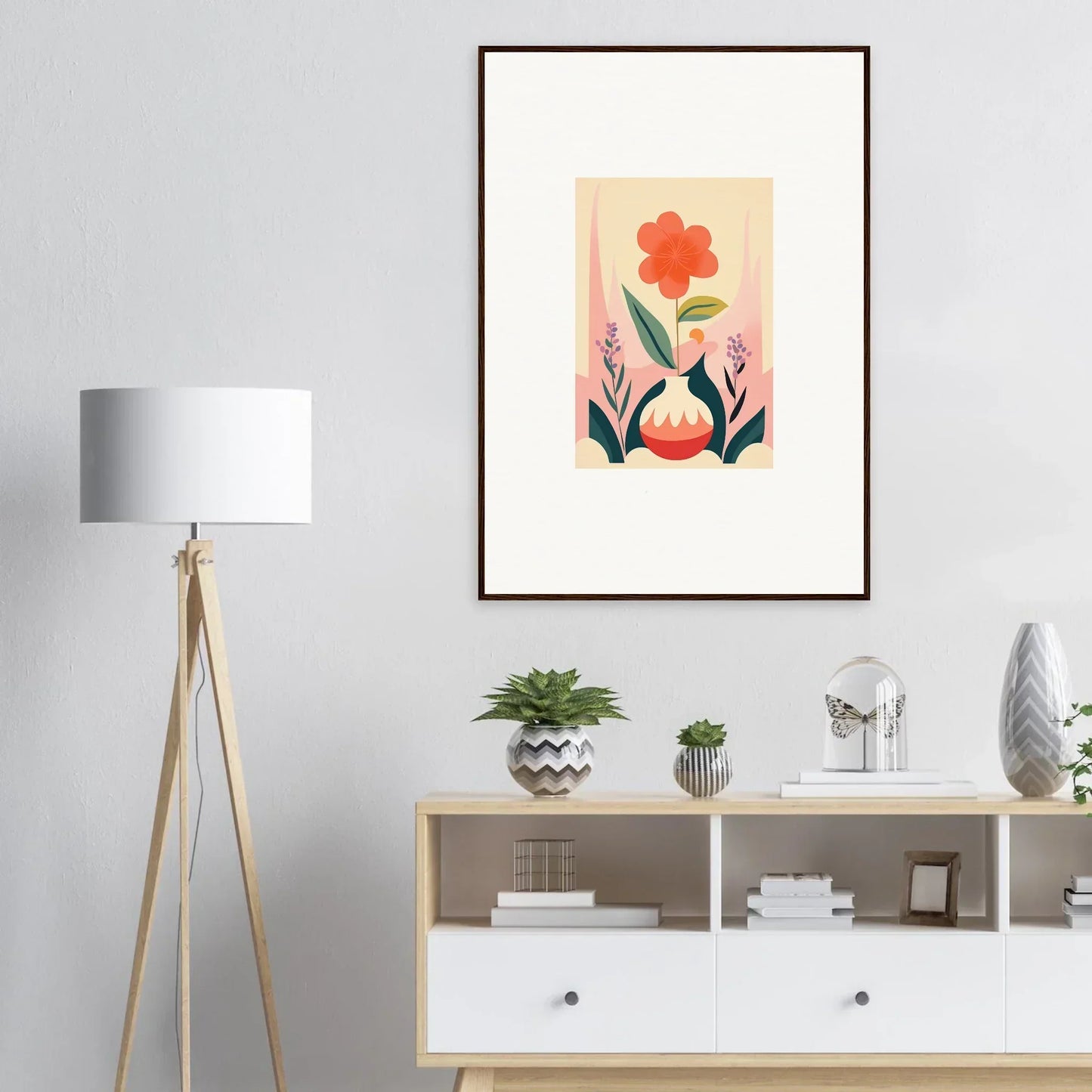 Framed canvas print of a red flower and white rabbit, perfect for room decoration