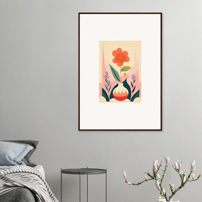 Framed canvas print of a red flower with green leaves, perfect for room decoration