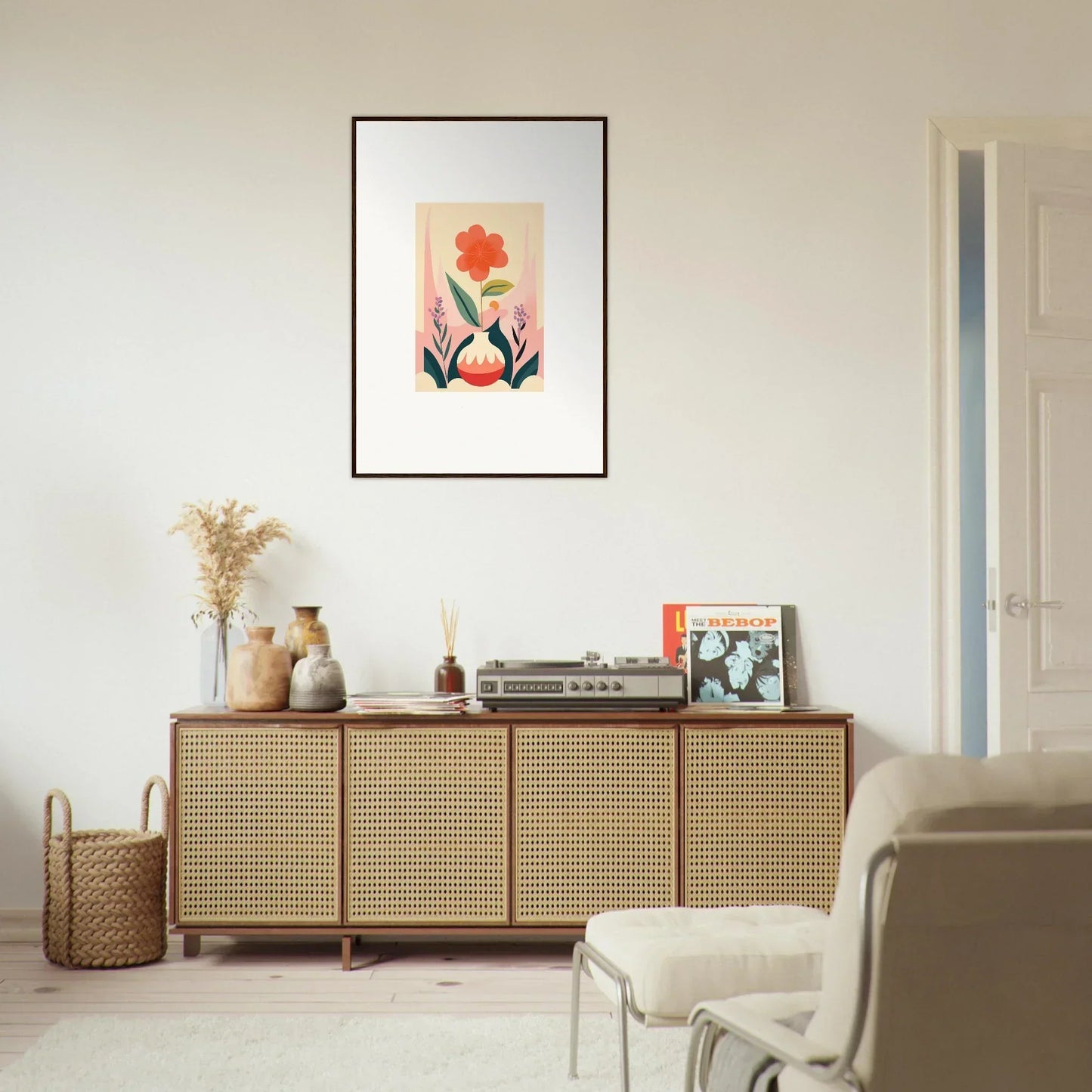 Wooden sideboard with cane doors, perfect for showcasing Petal Oud Chorus decor